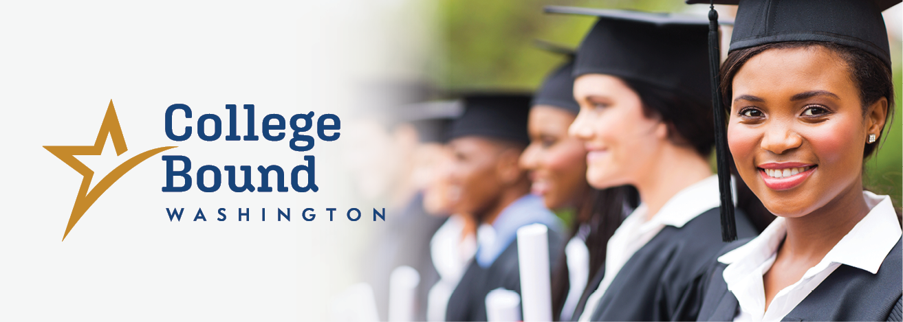 College Bound logo and young woman smiling, wearing grad cap among other graduates.